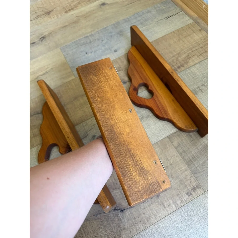 Vintage Solid Wood Heart Cutout Floating Wall Shelves Set of 3 Country Farmhouse